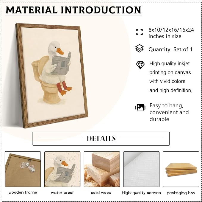 Framed Duck Bathroom Wall Art, Whimsical Duck Reading on Toilet, Funny Kids Bathroom Wall Decor, Vintage Farmhouse Toilet Decor, Cute Animal Canvas Print for kids Room 12x16 inch