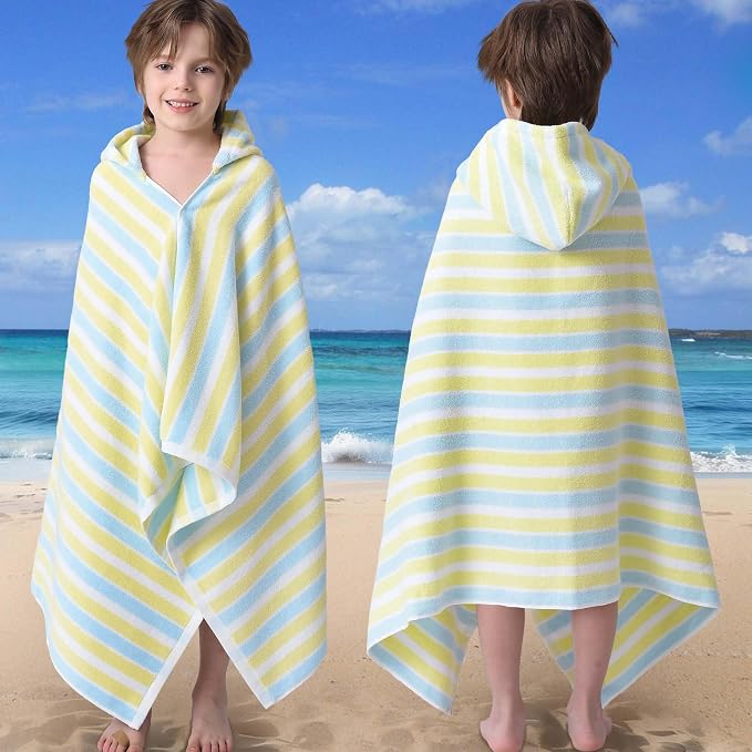 VOOVA & MOVAS Kids Swim Towel,3-10 Years,100% Cotton，Two-Tone Stripe | Easy To Carry, Rapid Drying & Strong Absorbency, for All Kinds Of Water Activities
