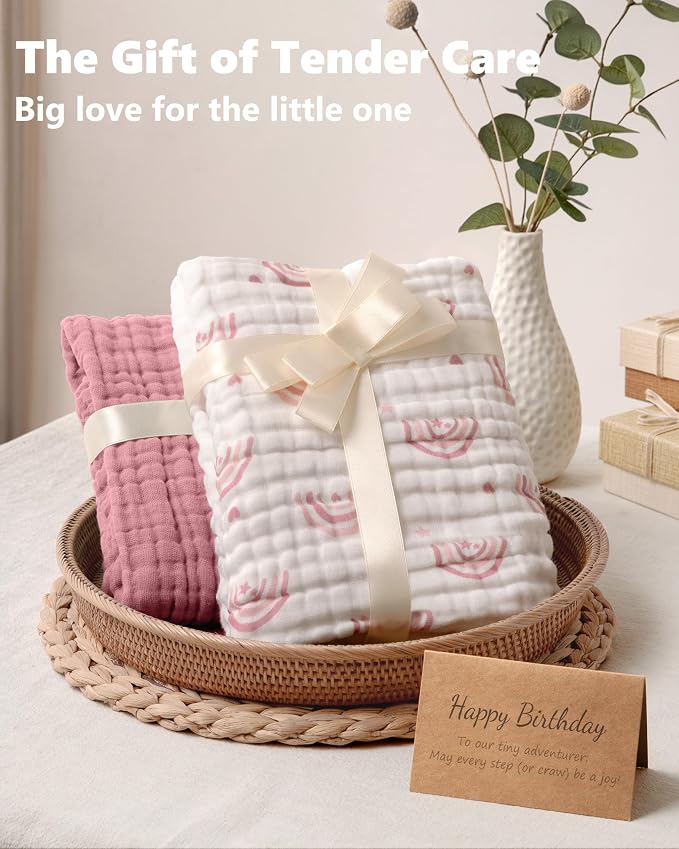 Baby Girl Bath Towels, 100% Muslin Cotton Hooded Baby Towels for Newborn, 2 Pack Baby Towels with Hood for Infant Toddler and Kids, Large 32x32Inch Bath Essentials, Soft and Absorbent