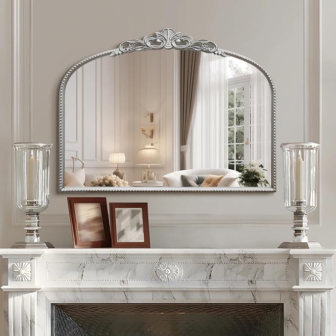 Micasso Vintage Silver Arched Mirror: 32"x24" Baroque Antique Vanity Mirror | Traditional Ornate French Decorative Wall Mirror for Bedroom/Bathroom/Entryway/Hallway/Dresser/Mantel/Nightstand/Over Sink