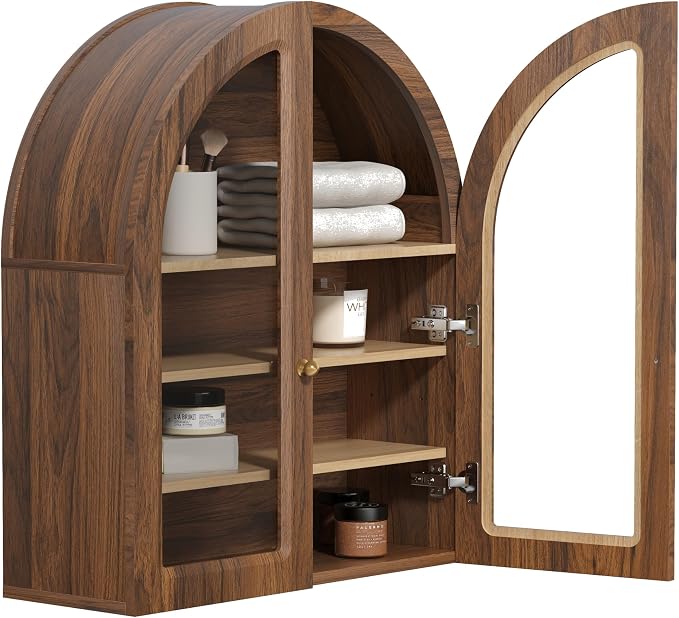 Fluted Arched Wall Cabinet, Large Wood Bathroom Medicine Cabinet Wall Mounted Cupboard, Modern Floating Storage Cabinet with Acrylic Door Adjustable Shelf, Organizer, Brown-Oak