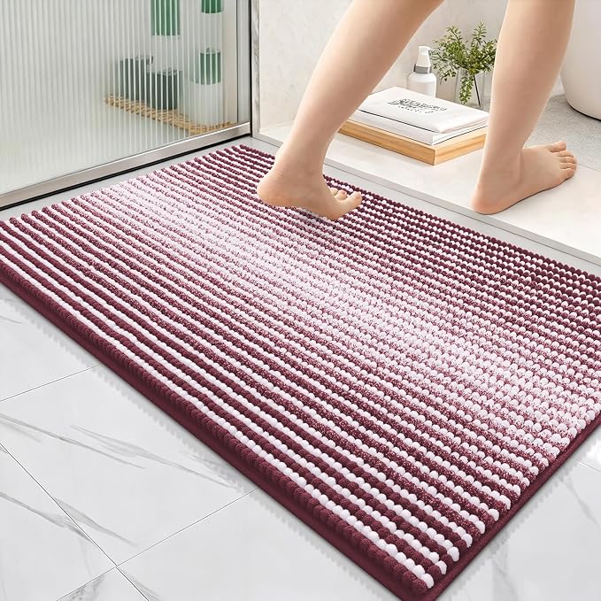 OLANLY Bathroom Rugs 36x24, Soft Chenille Striped Bath Rugs, Burgundy | Extra Absorbent, Rubber Backing, Machine Wash Dry, Bath Mats for Bathroom Floor, Tub and Shower, Home Decor Accessories