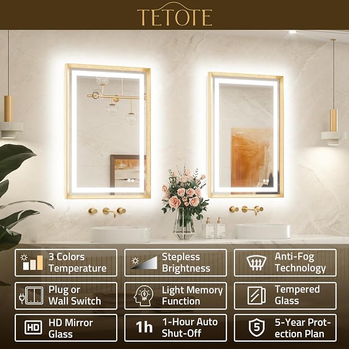 72 x 40 Bathroom LED Mirror Brushed Gold Metal Frame Frontlit & Backlit Vanity Mirror Anti-Fog Stepless Dimmable 3 Colors White/Warm/Natural Wall-Mounted