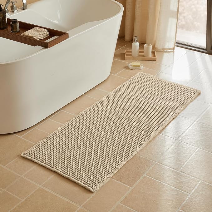 Triohero Waffle Runner Bath Mat - Long Bathroom Rugs Non Slip Washable, Ultra Soft Super Absorbent Quick Dry Boho Farmhouse Bathroom Decor, 24" x 60"', Pale Beige