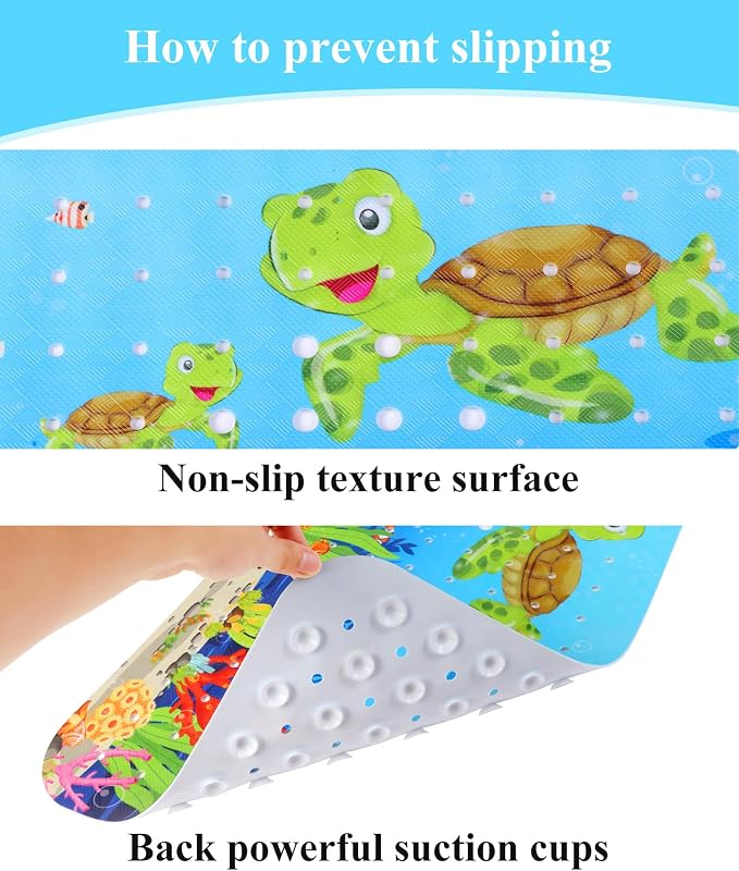 Secopad Bathtub Mat Non Slip, Cute Tub Mat, 40" x 16", Turtles | Rectangular, Anti-Slip, Machine Washable, with Drain Holes and Suction Cups,For Bathtub and Shower Floor, for Toddler & Kids