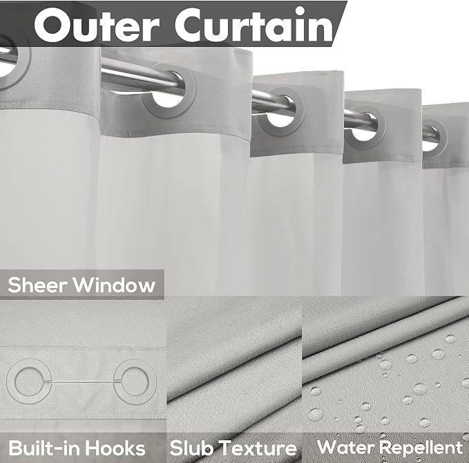River Dream No Hook Slub Textured Shower Curtain with Snap-in PEVA Liner Set - 71" x 74"(72"), Hotel Style with See Through Top Window, Machine Washable & Water Repellent, Gray, 71x74 | Snap on/off Waterproof PEVA Liner, See Through Top Window, Slub Te...