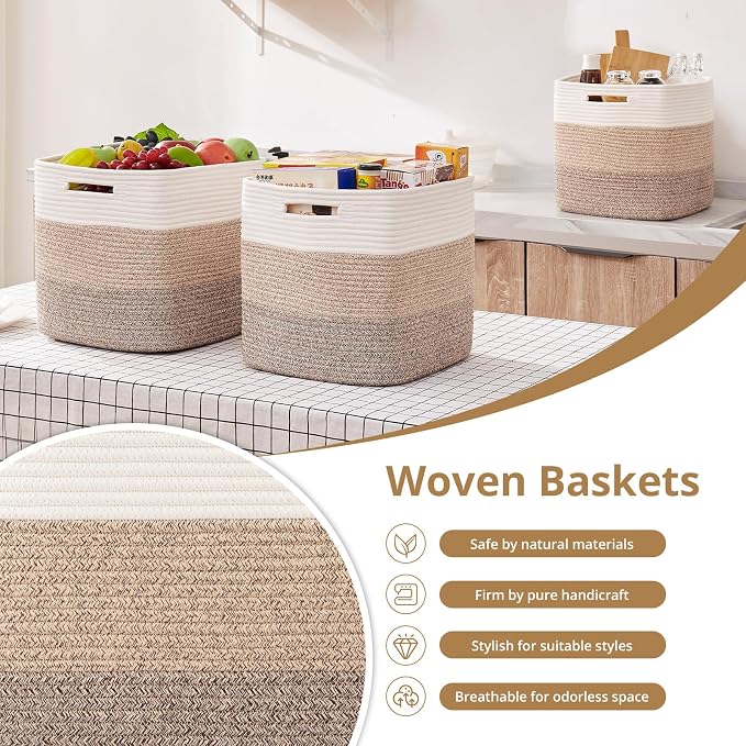 OIAHOMY 13 Inch Cube Storage Bins, 3-Pack Cotton Rope Woven Baskets for Organizing, Insert Storage Baskets for Shelves, Baby Nursery, Closet Organizer, 13 * 13 * 12.6IN, Gradient Brown