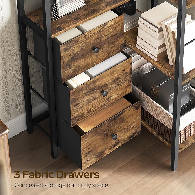 Corner Bookshelf, 7 Tier L-Shaped Bookcase with 3 Drawers, Storage Corner Shelf, Freestanding Tall Display Shelf, Industrial Style, for Living Room, Home Office, Rustic Brown and Black SJ10BR