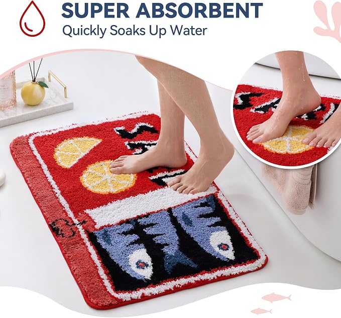 TRUEDAYS Sardine Bath Mat, Cute Bath Rugs for Bathroom 20x30 Inch, Red | Fun Bath Mat, Soft Absorbent, Quick Dry, Machine Washable, Non Slip Bath Rugs for Bathroom Decor Kitchen Bedroom