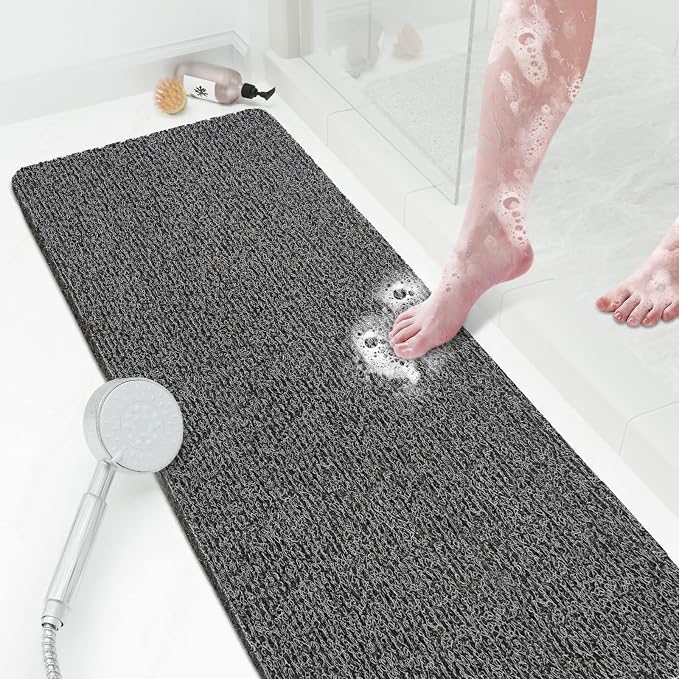 SoftDuo Shower Mat Bathtub Mat Non-Slip Soft Tub Mat | 47x16 inch,PVC Loofah Bath Mat with Drain for Tub and Bathroom,Quick Drying,Black