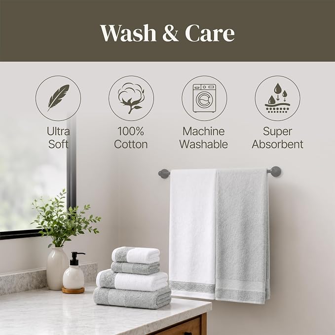 Modern Threads 600 GSM 6-Piece Towel Set with Filgree Jacquard Border, Silver
