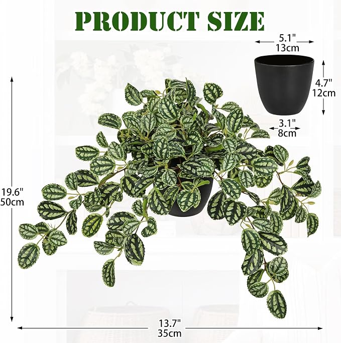 Briful Artificial Potted Plant Indoor, 19.6" Faux Watermelon Peperomia Trailing Plant in Black Pot, Realistic Fake Plants with Cascading Green Leaves for Shelf Bathroom Office Desk Kitchen Home Decor