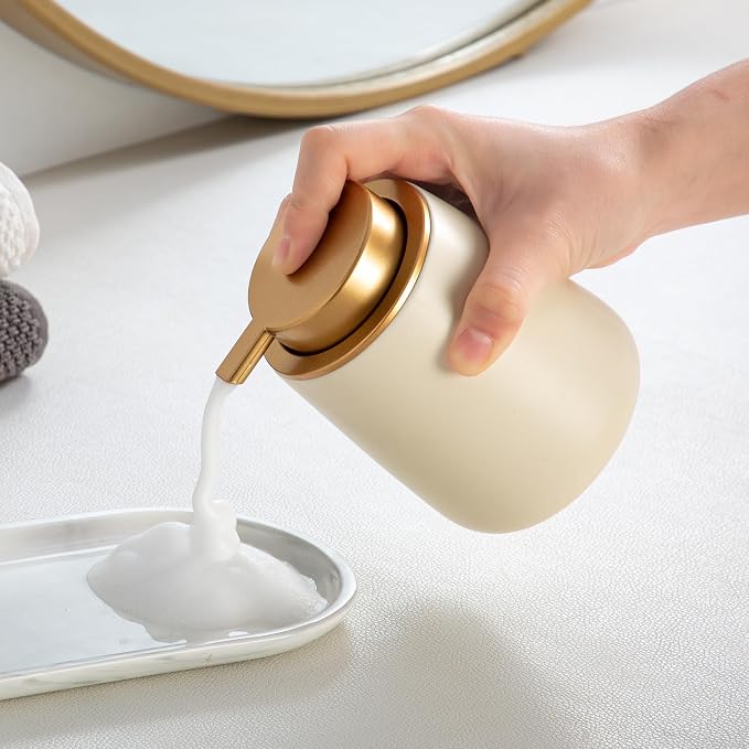 Enra Foam Soap Dispenser, Beige Foaming Hand Soap Dispenser Gold Pump | 12oz Refillable Design with Easy-Press Pump.Modern Style Enhances Sinks,Countertops, Kitchens and Bathroom Spaces.