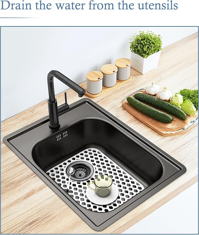 2 Pack Silicone Sink Protector Mat for Kitchen Sink Rear Drian White | 13-9/16" x 11-5/8" Non-Slip Heat-resistant and Durable Silicone Grid