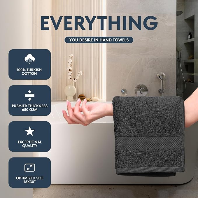 White Classic Luxury Charcoal Hand Towels - Soft 100% Turkish Cotton | Highly Absorbent Hotel spa Bathroom Towel Collection | 16x30 Inch | Set of 6