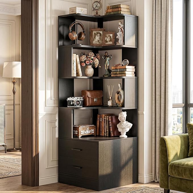 Corner Book Shelf with Drawers, Small Corner Shelf with Drawers | L Shaped BookShelf 6-tier Bookcase for Bedroom Storage, Living Room, Home Office, Kitchen Pantry, Black