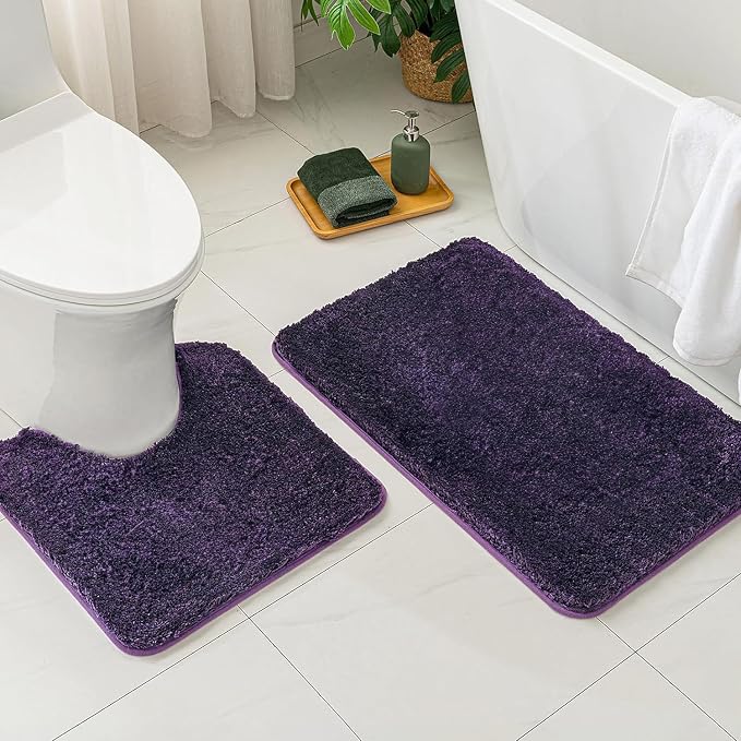 MIULEE Dark Purple Microfiber Toilet Bath Rug U-Shaped Contour 24x24 Inch | Absorbent, Non Slip, Quick Dry, Fluffy Bath Rugs for Bathroom Floor Tub Showers, Machine Washable