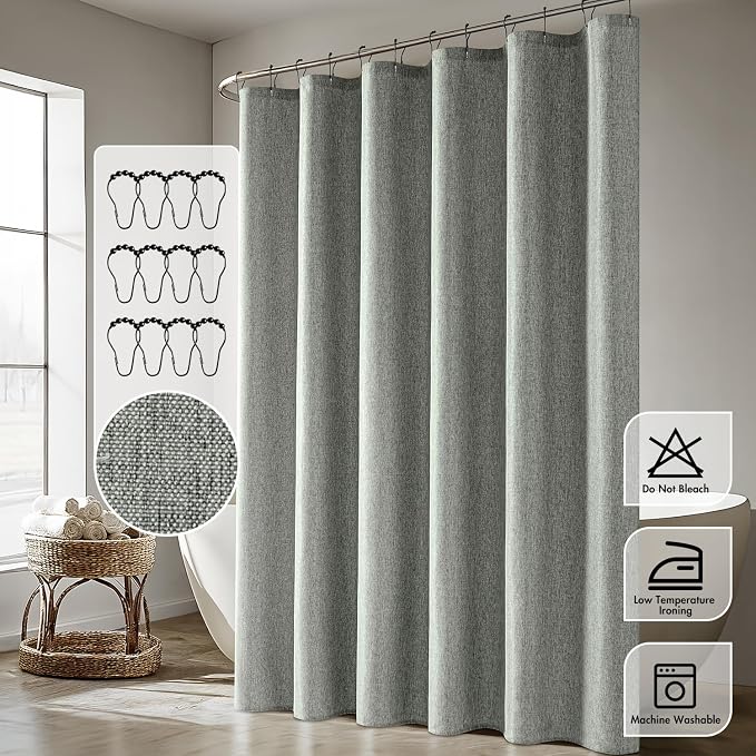 ANRODUO Grey Linen Textured Fabric Shower Curtain Set - W72xL72 | Farmhouse Shower Curtain with 12 Metal Hooks, Waterproof Heavy Duty, Button Hole Design, Machine Washable for Bathroom