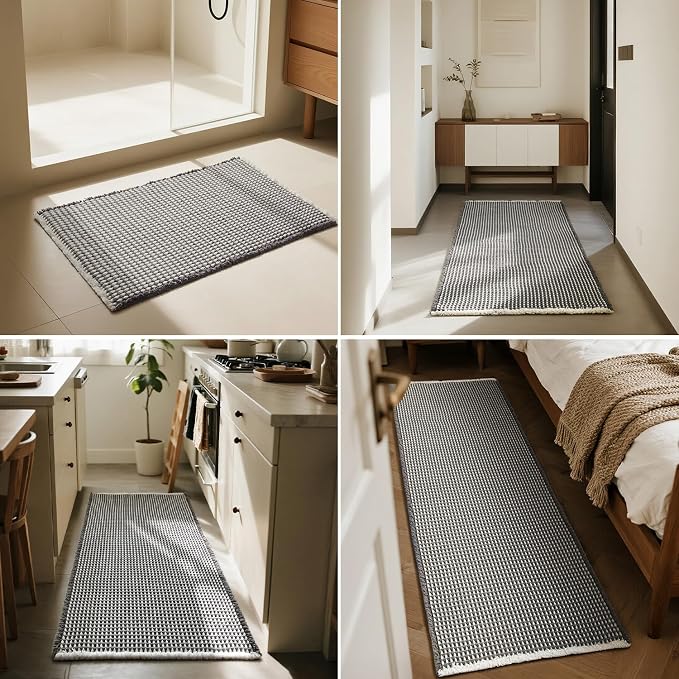 Triohero Waffle Bath Mat, Boho Bathroom Rugs Non Slip Washable, Ultra Soft Super Absorbent Quick Dry Farmhouse Bathroom Decor, 20" x 30", Grey & White