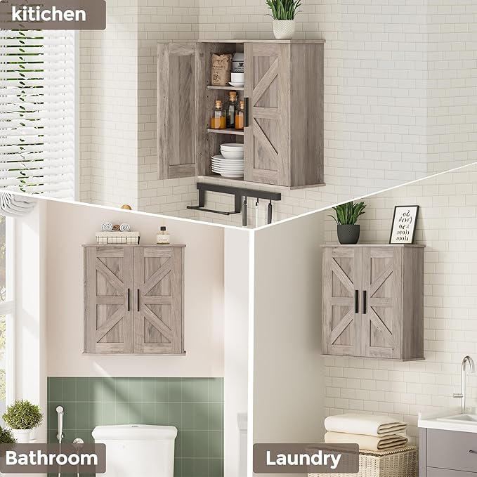 Homleke Bathroom Wall Cabinet, Medicine Cabinet with Adjustable Shelves | 3-Tier Wall Mounted Over Toilet Storage with Barn Doors, for Bathroom, Kitchen, Entryway, Laundry Room, Greige, (7.9" D)