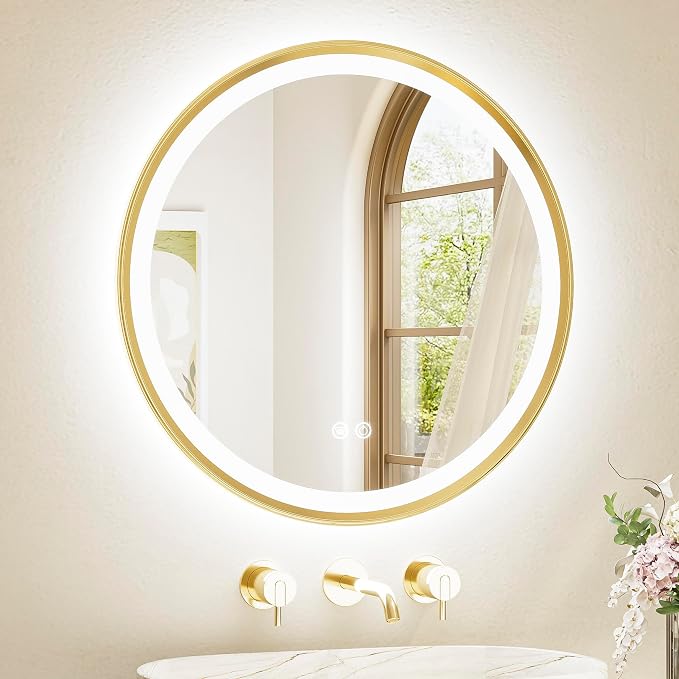 Gold Round Led Mirror with Lights 24 Inch Metal Framed Round Circle Lighted Bathroom Vanity Mirror Wall Mounted, Front and Backlit 3 Color Stepless Dimmable Anti Fog, Shatterproof, CRI 90+
