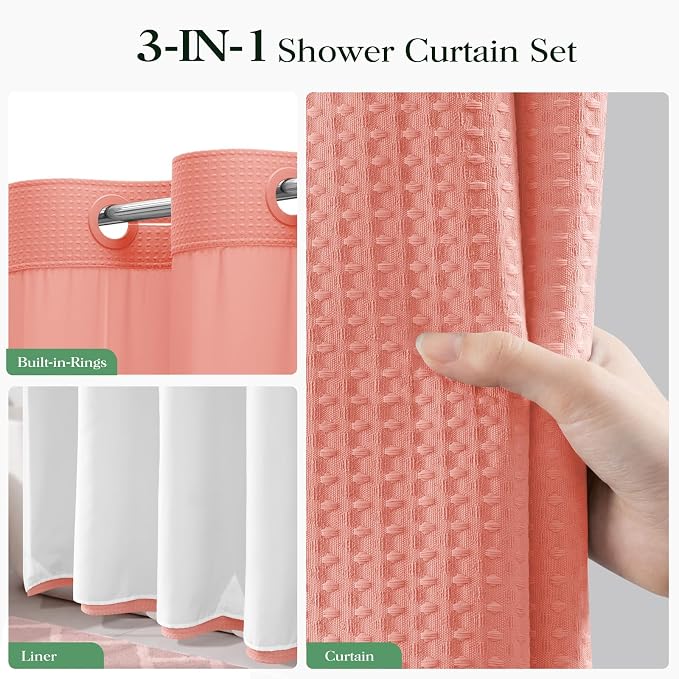 Coral Hook Free Waffle Shower Curtain & Snap-in Fabric Liner,72x75 | Less Time to install, 3 in 1 Fabric Shower Curtain and Liner Set with Magnets, Mesh Top Window, Shower Curtains for Bathroom