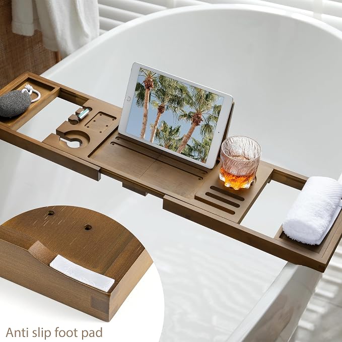 Bamboo Bathtub Tray Caddy, Adjustable 28.5-40", Walnut Finish | Splash Proof, Non Slip Grip, Wine Glass Holder, Tablet Book Stand, Spa Bath Essentials Organizer