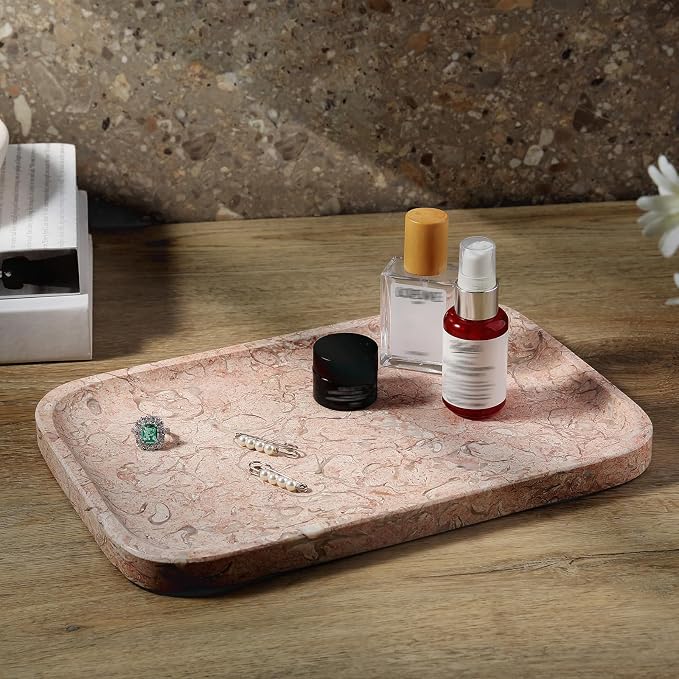 Marble Tray, 12"x8" Natural Marble Vanity Tray for Countertop Bathroom Kitchen Dresser, Decorative Catchall Trays for Perfume Jewelry, Rectangular Stone Serving Tray(Pink)