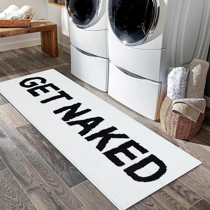 Zeeinx Get Naked Bath Mat Cute Long Bathroom Rugs White,18”x47” | Non Slip Absorbent Microfiber Machine Washable White Cute Bath Mat for Tub and Shower Funny Apartment Decor