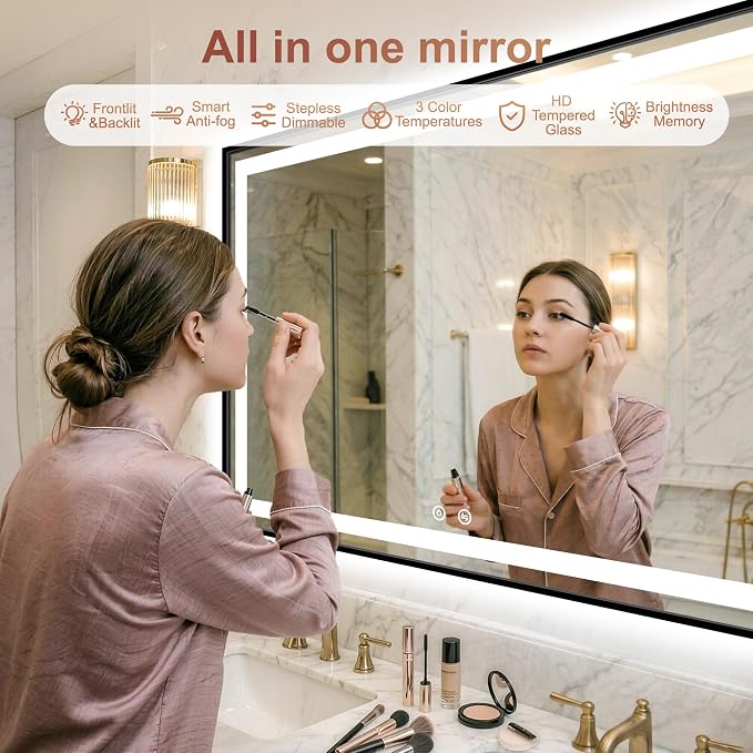 LED Bathroom Mirror with Lights, 30"x50" Black Framed Lighted Vanity Mirror | Anti-Fog, Dimmable 3 Color Temperature, Front & Backlit, Memory Function, Shatterproof Tempered Glass