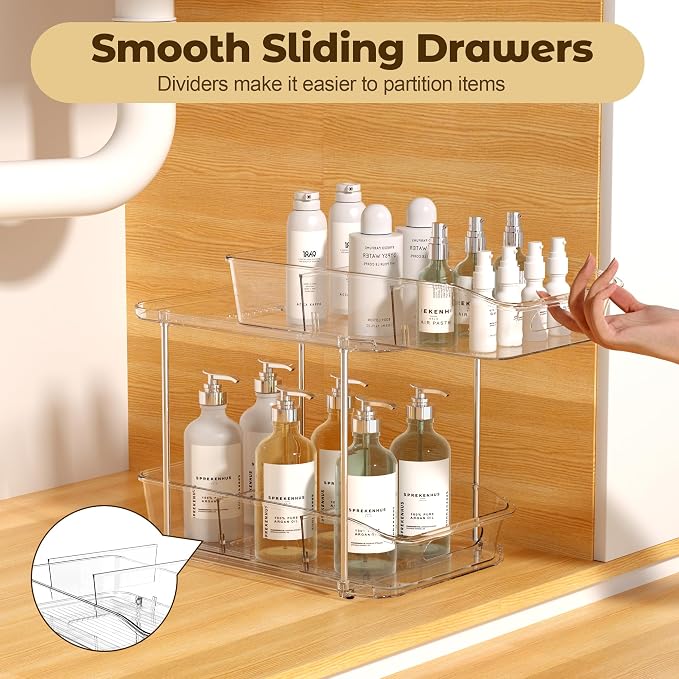incostar 2 Tier Pull-Out Organizer for Bathroom Kitchen, Under Sink Storage with Dividers, Ideal for Cabinet, Cupboard Organization, Slide-Out Clear Storage, 1 Pack