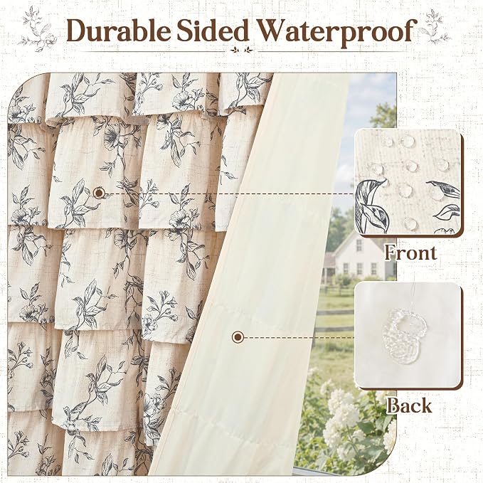 Yinhua Extra Long Farmhouse Ruffle Shower Curtains for Bathroom, 72" Wx84 L | Black Floral Print, Ruflle Design, 12 Metal Hooks, Vintage Rustic Washable Waterproof Shower Curtain for Bathroom Bathtub