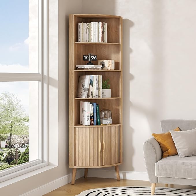 66'' Tall Corner Bookshelf with 2 Fluted Sliding Doors, Oak | 5-Tier Corner Shelf, 5 Shelf Bookcase,Mid-Century Modern,Freestanding Display Storage Organizer for Living Room,Office