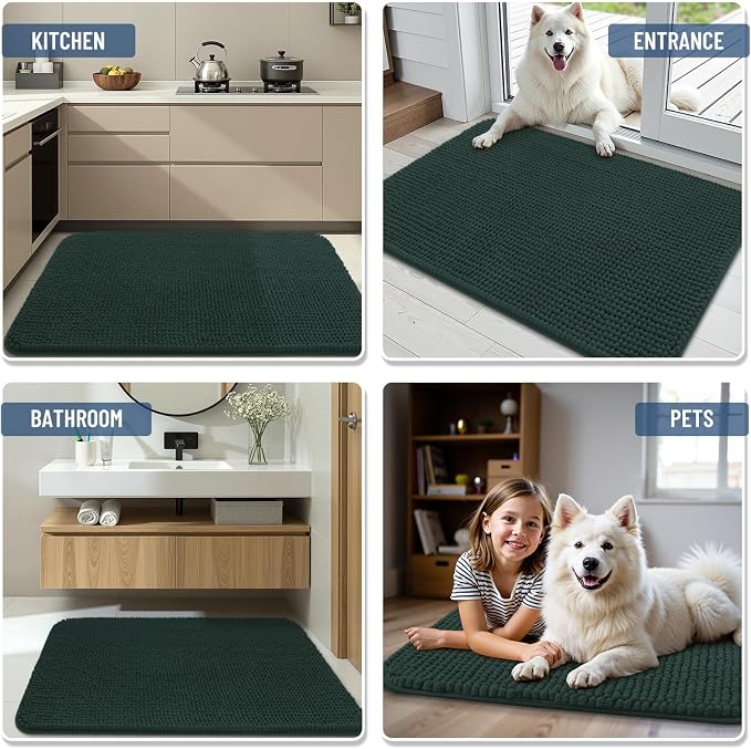 Arotive Chenille Bathroom Rugs 47x24, Soft Absorbent Bath Mat, Dark Green | Rubber Backing, Machine Washable Dry Bath Mats for Bathroom Floor, Tub and Shower, Home Decor Accessories