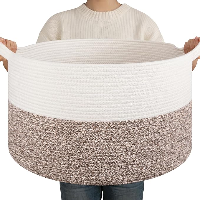 OIAHOMY Large Blanket Basket for Living Room, 19.7" x 12.6" Woven Cotton Rope Laundry Basket for Organizing Pillows, Decorative Stuffed Animal Toy Storage for Nursery, White and Linen Brown