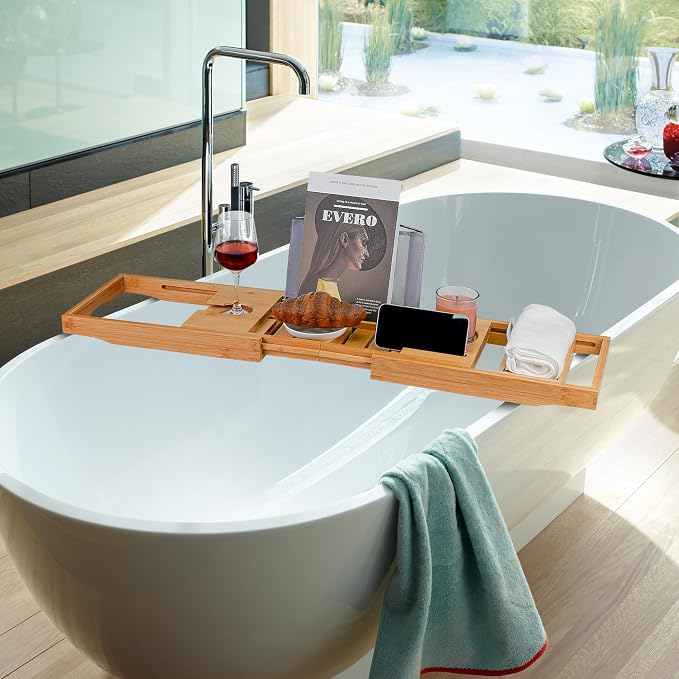 Utoplike Bamboo Bathtub Caddy Tray for Tub, Adjustable Bath Table | Bathroom Organizer with Book Tablet, Wine Glass Cup, Towel Holder