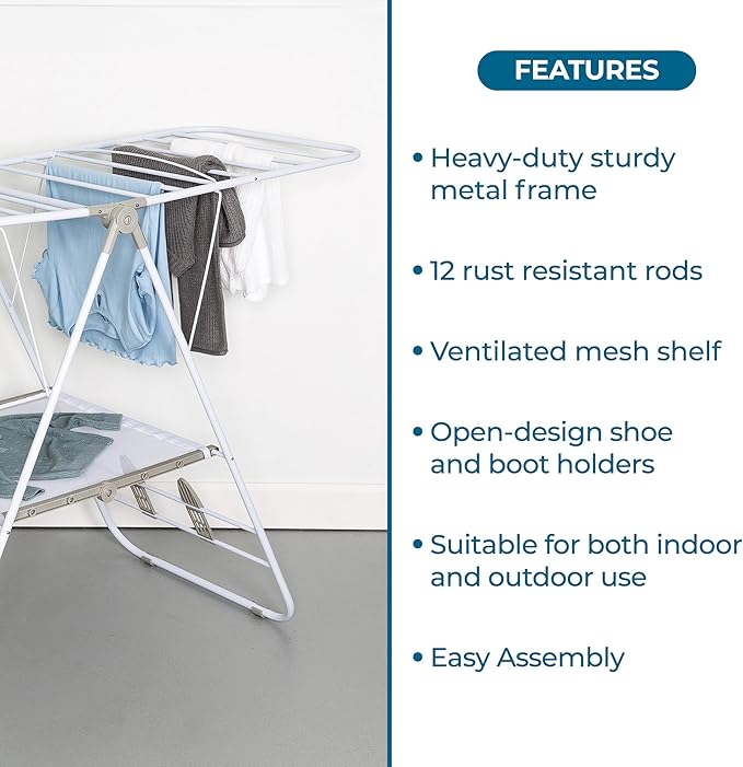 Honey-Can-Do Heavy-Duty Gullwing Clothes Drying Rack, White, 46 Ft | Rust-resistant metal frame; 50 lb capacity; dedicated shoe drying bars; folds flat; indoor or outdoor laundry use