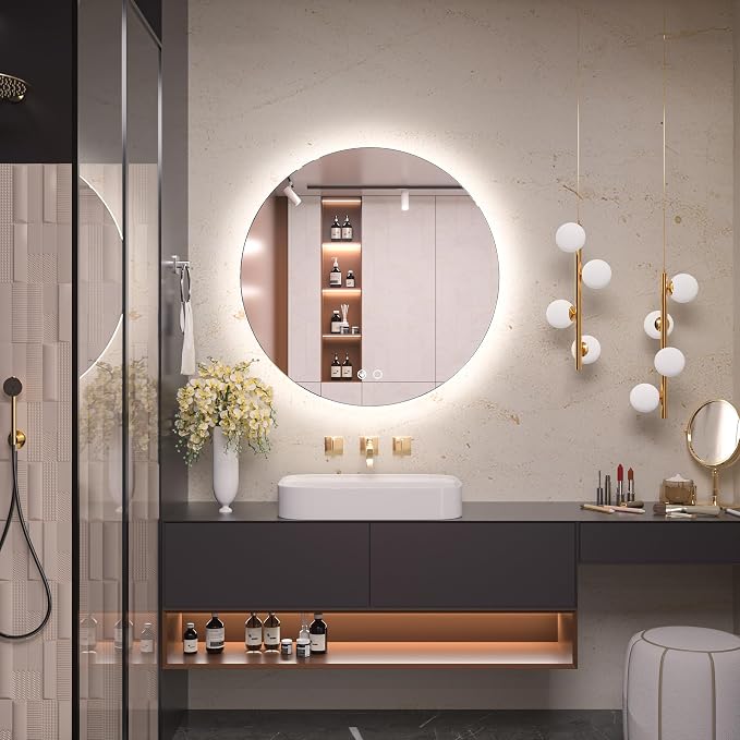 Keonjinn 28 Inch Round LED Mirror, Backlit Mirror Bathroom, 3 Color Lights | Explosion Proof Tempered Glass, Auto-OFF Defogging, Dimmable, Hardwired/Plug in, Circle Makeup Vanity Mirror with Lights
