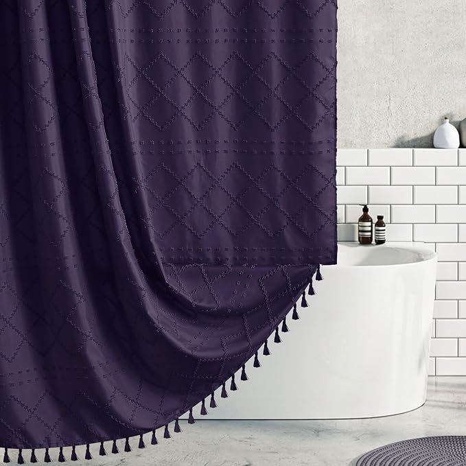 Siiluminisoy Boho Shower Curtain 84inch Dark Purple Woven Fabric Long Shower Curtain, Tufted Chevron Textured Striped 72" x 84" Modern Farmhouse Minimalist Cloth Shower Curtains for Bathroom