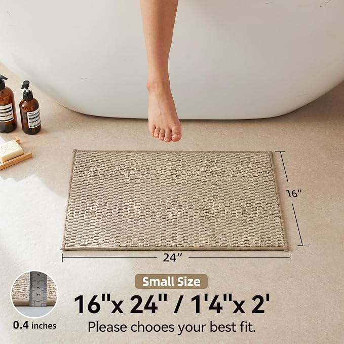Triohero Bathroom Rugs Non Slip Washable, Super Absorbent Thin Bath Mat Small Quick Dry Low Pile Bathroom Rug, Beige 16x24