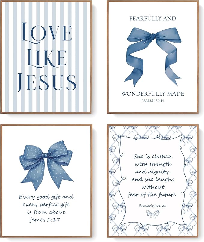 LARTSFRO Coquette Navy Blue Bow Jesus Wall Art Decor Posters, Blue Bow Christian Room Bedroom Bathroom Wall Art Decor Aesthetic for Teen Girls College Gifts, Inspirational Bible Verses Bow Wall Decor, 10x8 Inch Set of 4 Bow Pictures(UNFRAMED)