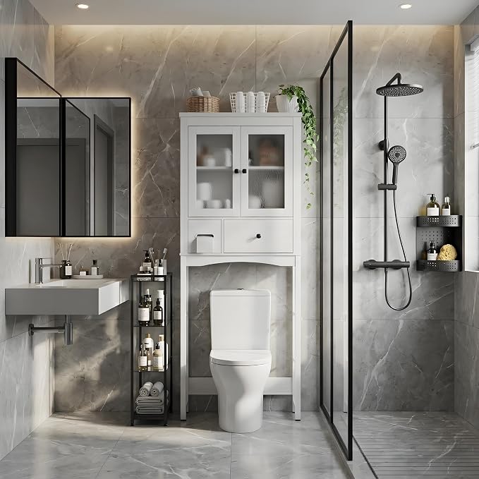 Garvee Over-The-Toilet Storage Rack, Vintage Bathroom Organizer | MDF Shelves & Steel Frame, Space-Saving Toilet Shelf for Small Bathrooms, Bathroom Cabinet for Towels & Toiletries, White