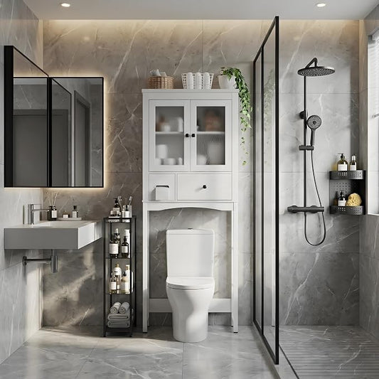 Garvee Over-The-Toilet Storage Rack, Vintage Bathroom Organizer | MDF Shelves & Steel Frame, Space-Saving Toilet Shelf for Small Bathrooms, Bathroom Cabinet for Towels & Toiletries, White