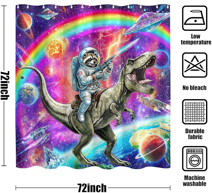 Accnicc Space Raccoon Dinosaur Shower Curtain for Bathroom 72 X 72 Inch | Funny Cool Animal Dino Shower Curtains, Fantasy Galaxy Kids Bathroom Curtain Decor, Water-Resistant Washable Polyester Fabric