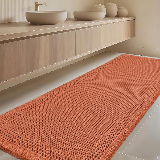 Extra Large Waffle Bath Mat, Boho Bathroom Rugs Absorbent Non Slip, Ultra Soft Bathroom Mat,Machine Washable Knit Bath Rug with Border for Bathroom,Bedroom,Kitchen,Shower, 6'x2', Burnt Orange