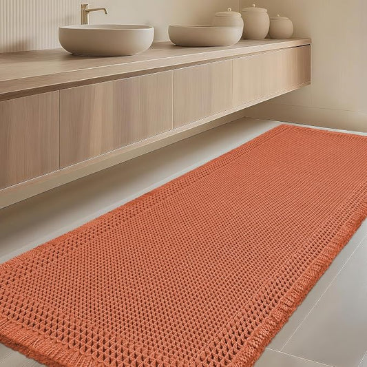Extra Large Waffle Bath Mat, Boho Bathroom Rugs Absorbent Non Slip, Ultra Soft Bathroom Mat,Machine Washable Knit Bath Rug with Border for Bathroom,Bedroom,Kitchen,Shower, 6'x2', Burnt Orange