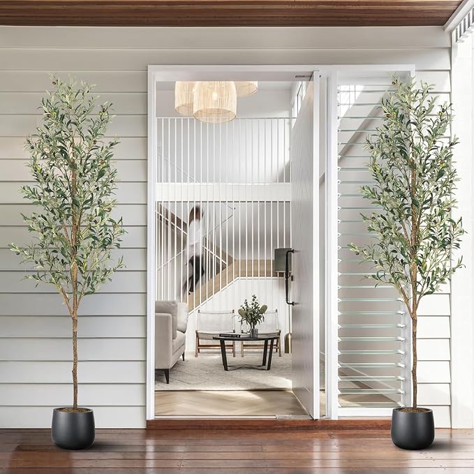 Artificial Fake Olive Tree 7FT 2Pack Faux Olive Tree for Home Decor | Faux Artificial Plants Indoor Fake Potted Plants with Natural Olive Branches and Realistic Leaves for Living Room Decor