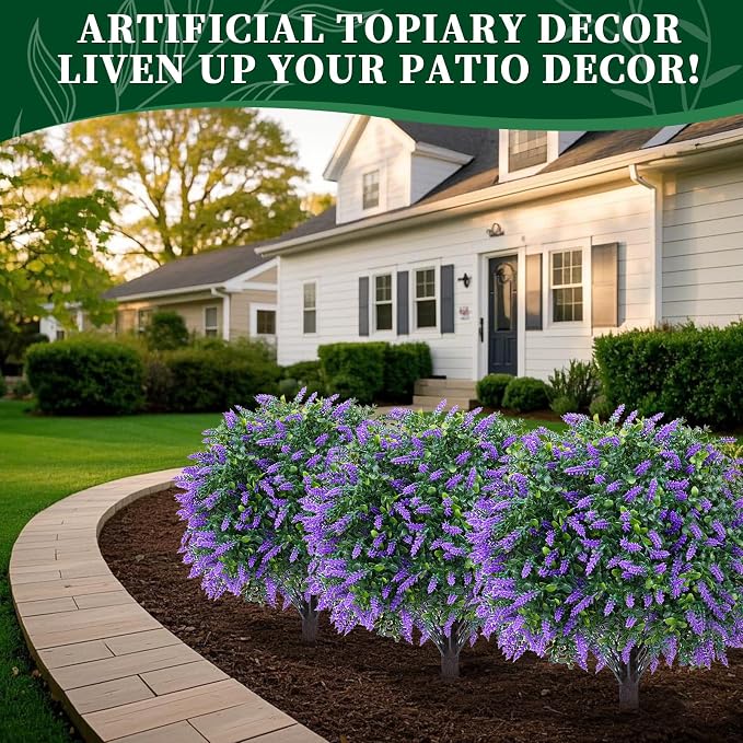 Artificial Boxwood Topiary Ball Lavender, Set of 2 UV Resistant | Fake Shrubs Bushes with Ground Spike, Faux Greenery Flower, Evergreen Fake Plants for Outdoor Indoor Front Porch Garden