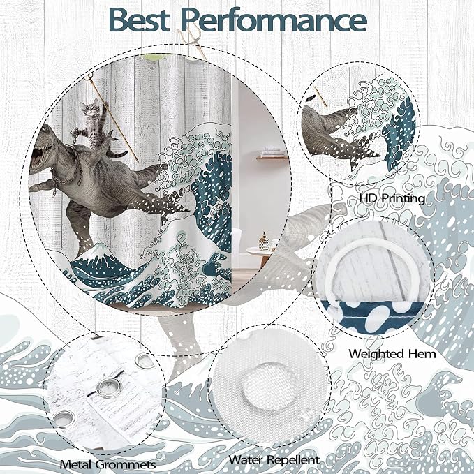 Fungarth Funny Cat Shower Curtain Dinosaur Ocean Sea Wave Shower Curtains for Bathroom Cool Waterproof Fabric Rustic Wooden Farmhouse Bath Curtain Decor with Hooks (Gray1, 72” x 72”)