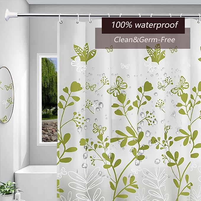 TIKABC Shower Curtain Liner, 4G PEVA Green Butterfly Shower Liner, Plastic Waterproof Shower Curtains, 72x72 inch with Grommet Holes 3 Magnetic Weights